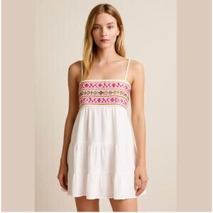 Francesca's  Women's White  Pink Embroidered Babydoll dress Size S New